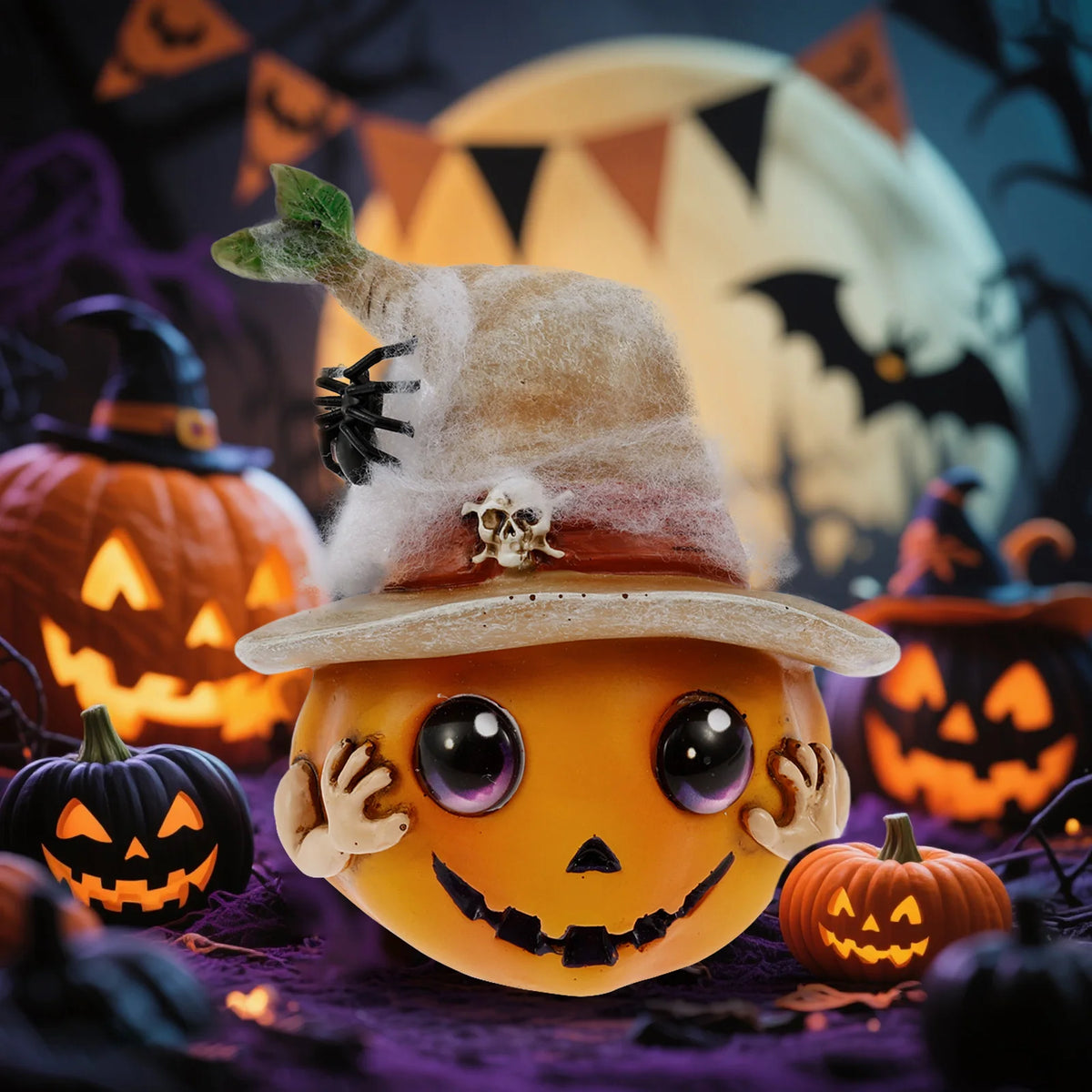 2-Pack Resin Pumpkin Statues with Hat | Halloween Tabletop Decor