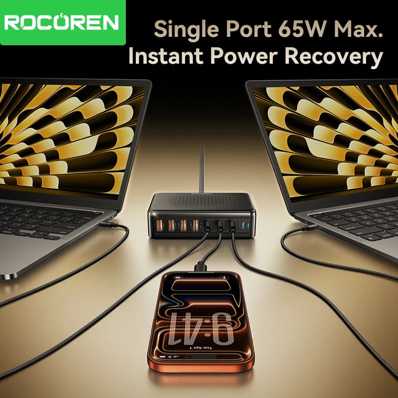 Rocoren 200W GaN 8-in-1 Desktop USB-C Fast Charging Station GaN Desktop Charger Nixie