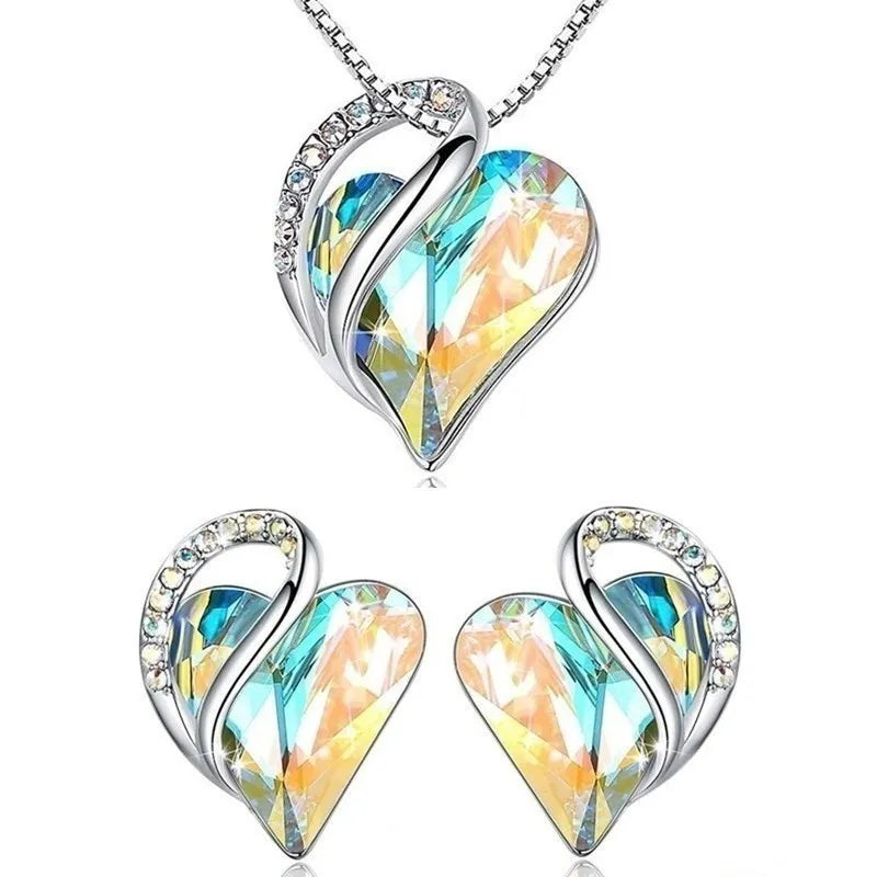 Silver Heart Crystal Earrings & Necklace Jewelry Set for Women Crystal Jewelry Set Nixie Rainbow