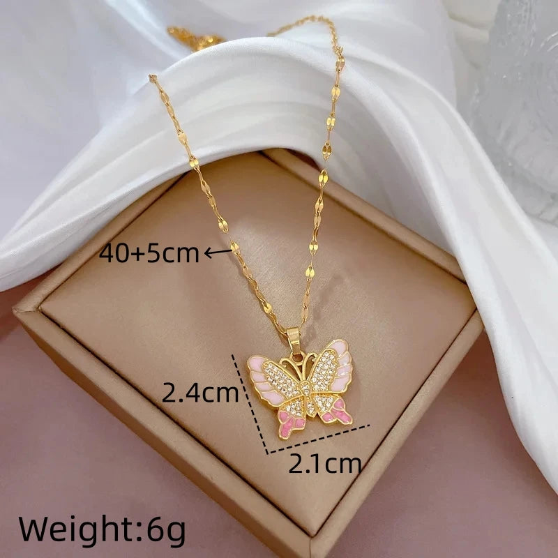 Zircon Butterfly Pendant Necklace | Gold Stainless Steel Pendant Necklace Nixie XL2606-437