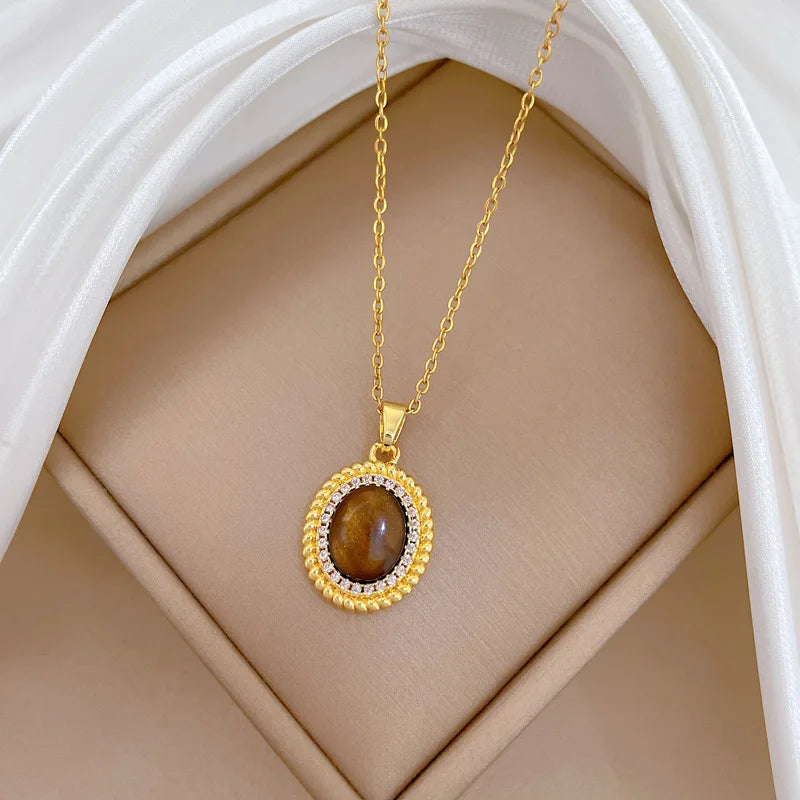 Oval Zircon Pendant Necklace | Gold-Plated Clavicle Chain Pendant Necklace Nixie