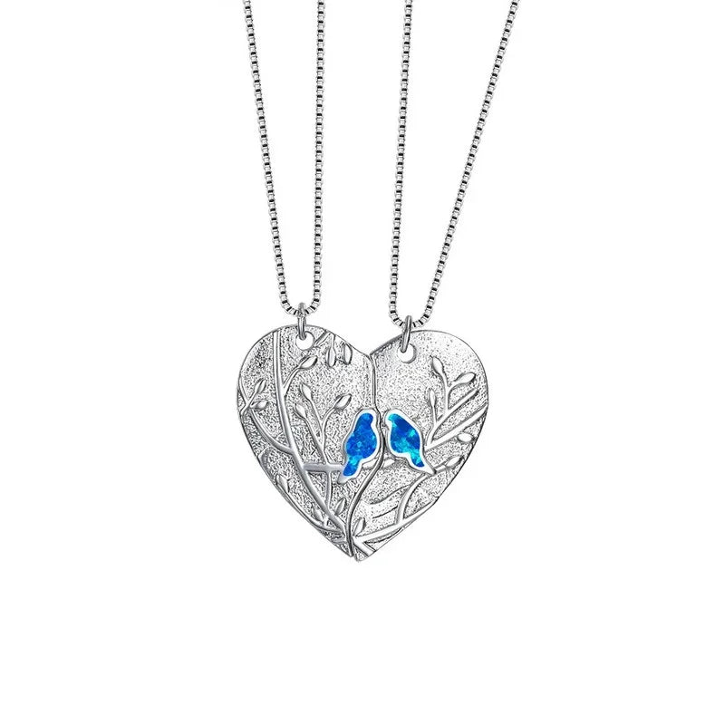 Silver Love Heart Puzzle Bird Opal Pendant Necklace | Wedding Pendant Necklace Nixie