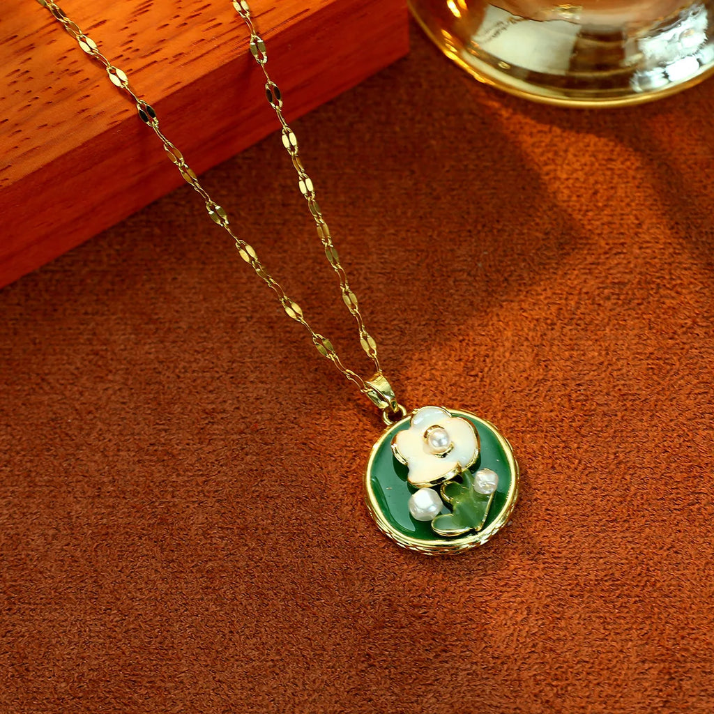 French Monet Garden Green Flower Necklace | Pearl & Gold Floral Pendant Necklace Nixie