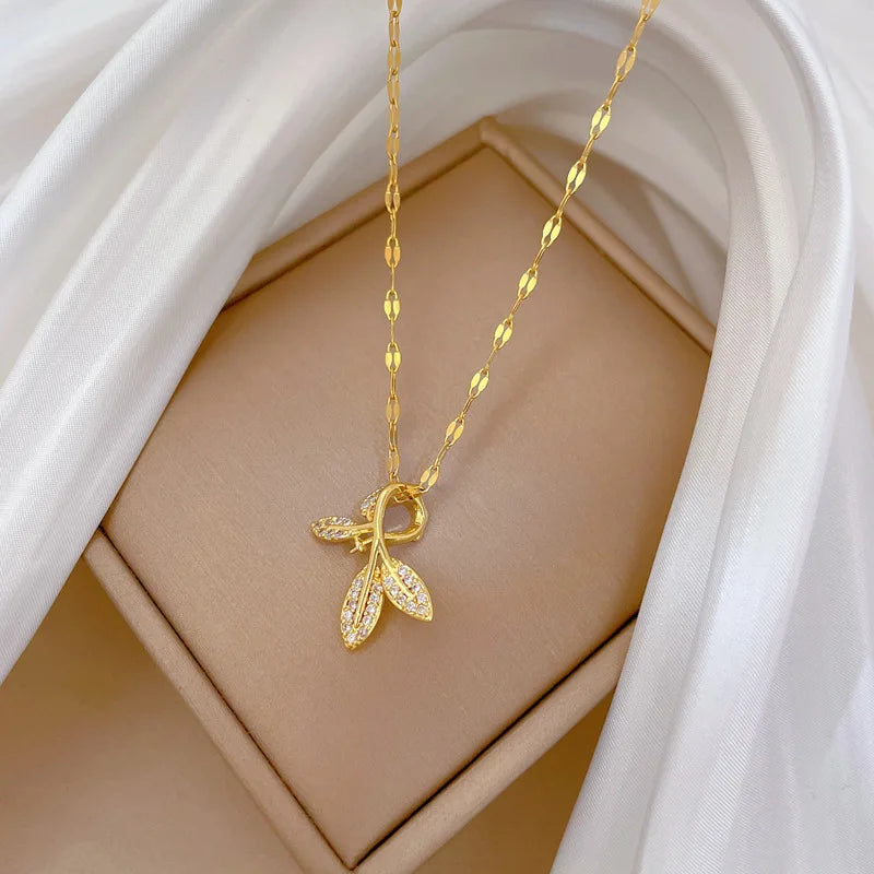 Diamond Leaf Pendant Necklace – Gold Stainless Steel Women Pendant Necklace Nixie