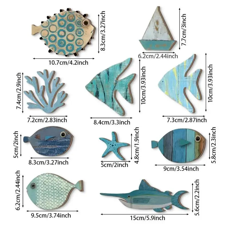 10-Piece Wooden Fish Wall Decor – Nautical Coastal Beach Art Wall Art Decor Nixie