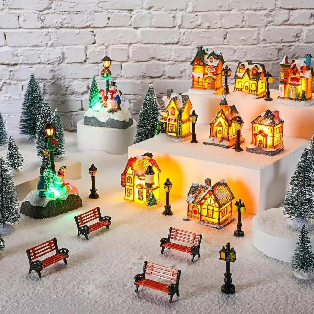 LED Miniature Christmas Village House Resin Ornament Decor Christmas Village Ornament Nixie