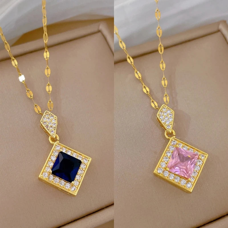 Diamond Shape Zircon Pendant Necklace | Gold Stainless Steel Pendant Necklace Nixie