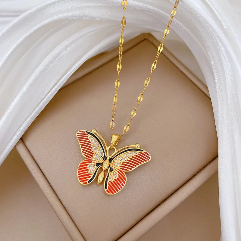 Red Butterfly Pendant Necklace – Gold Stainless Steel Choker Pendant Necklace Nixie