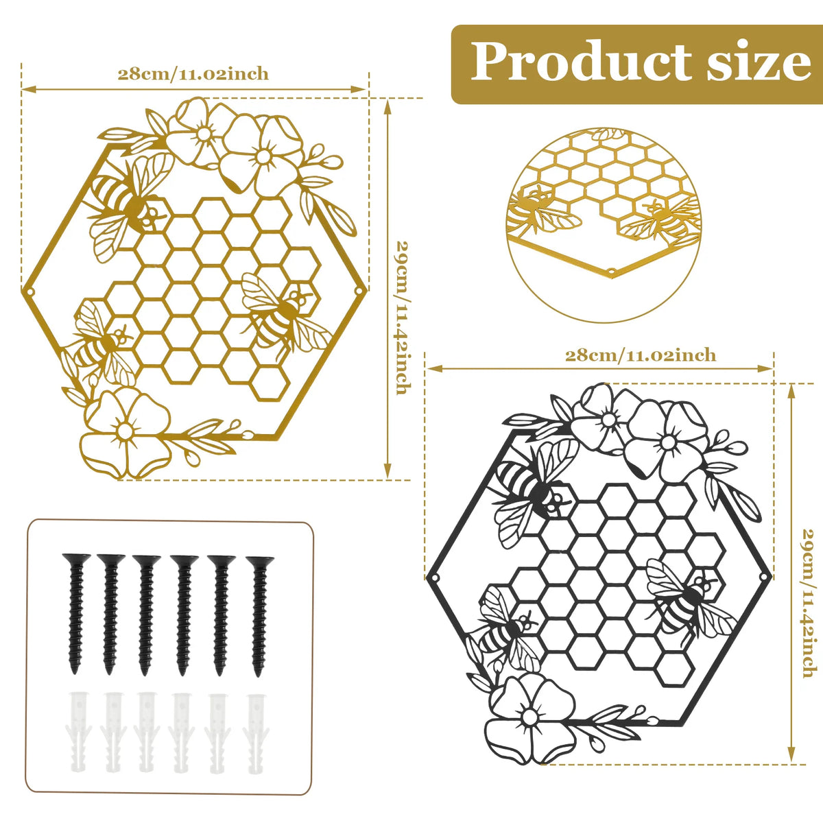 2-Piece Metal Bee Wall Art Set – Black & Gold Hanging Sculpture