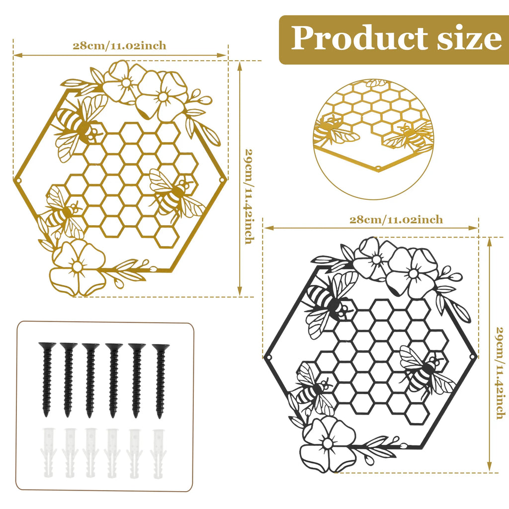 2-Piece Metal Bee Wall Art Set – Gold & Black Hanging Decor Metal Wall Art Nixie