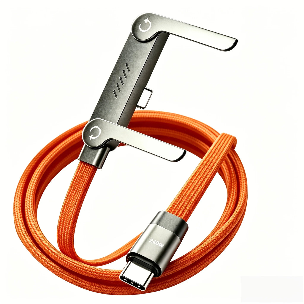 240W 180° Elbow Fast Charging Cable + Foldable Phone Holder Stand USB-C Charging Cable Nixie c to c orange 1.5m