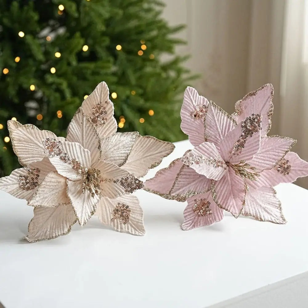 25cm Christmas Glitter Flower – Red & Gold Fake Bloom Decoration
