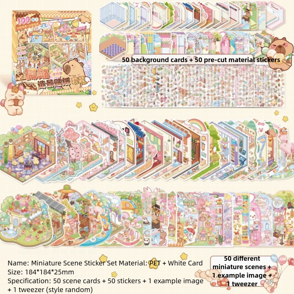 50-in-1 Miniature Scene Landscape Stickers – DIY 3D PET Pack Decorative Sticker Set Nixie Style A