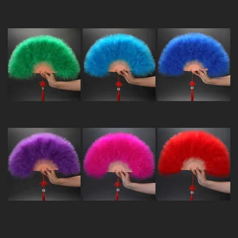 Colorful Feather Folding Fan with Tassels – Wedding & Dance Feather Folding Fan Nixie