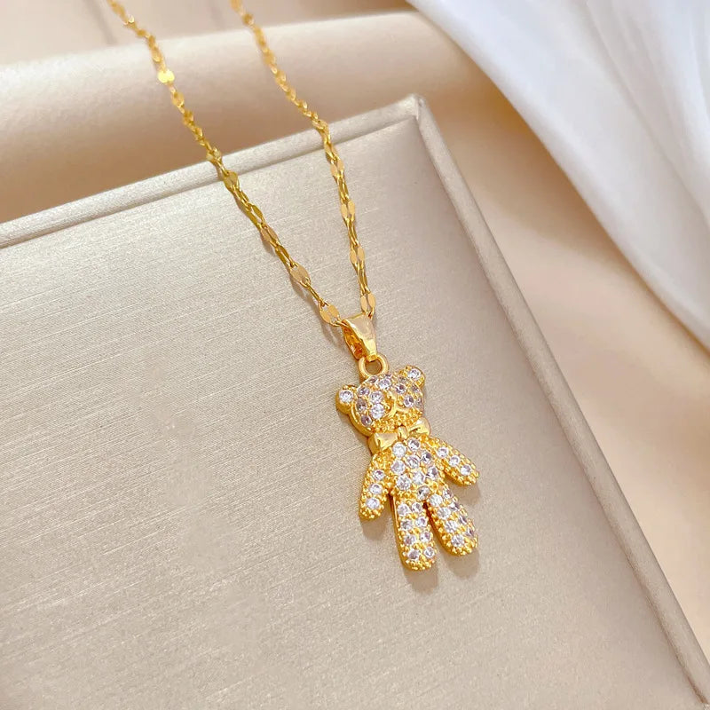 Butterfly Bow Bear Pendant Choker Necklace – Gold Stainless Steel Pendant Necklace Nixie