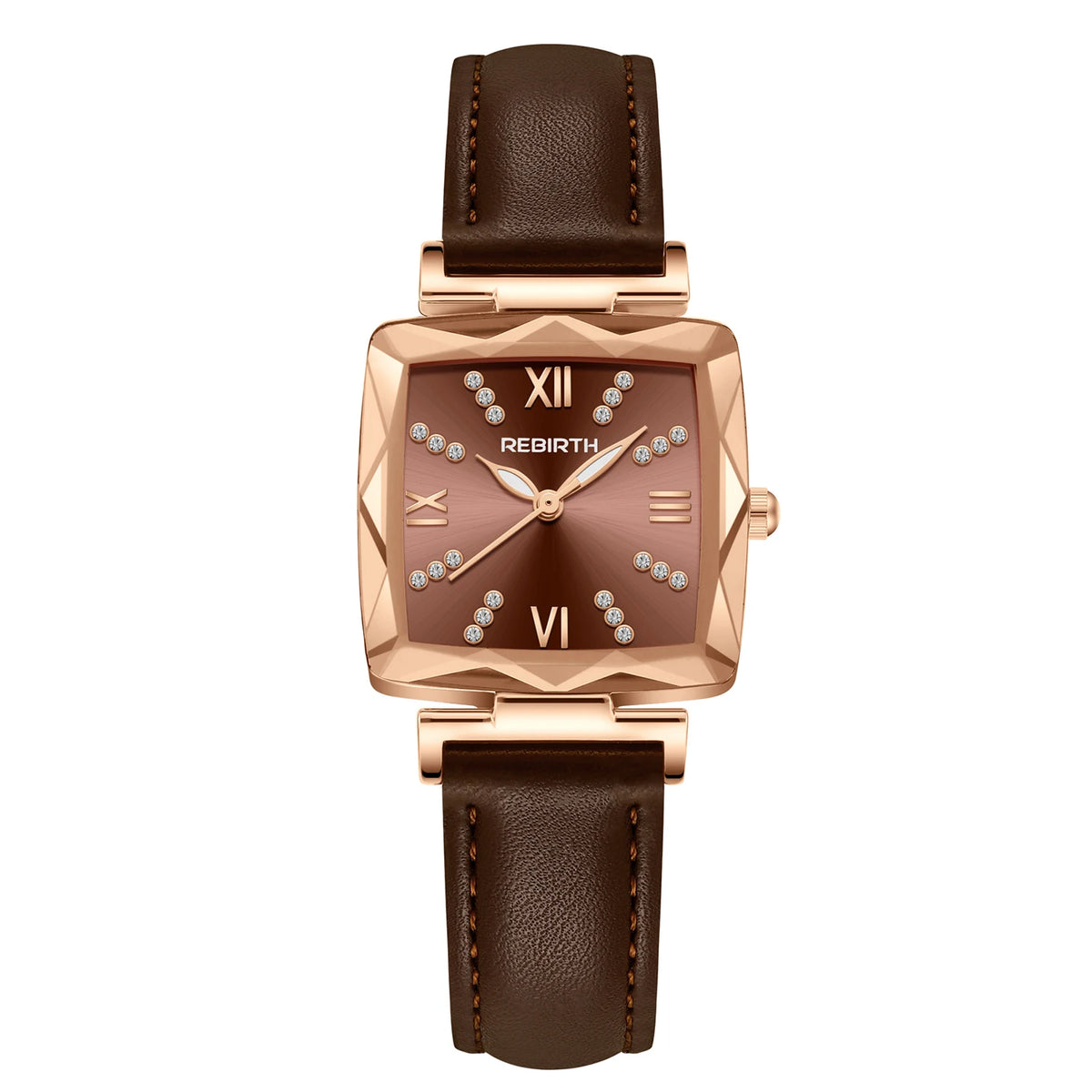REBIRTH Square Women's Rhinestone Quartz Watch | Leather Band Women's Fashion Watch Nixie Coffee
