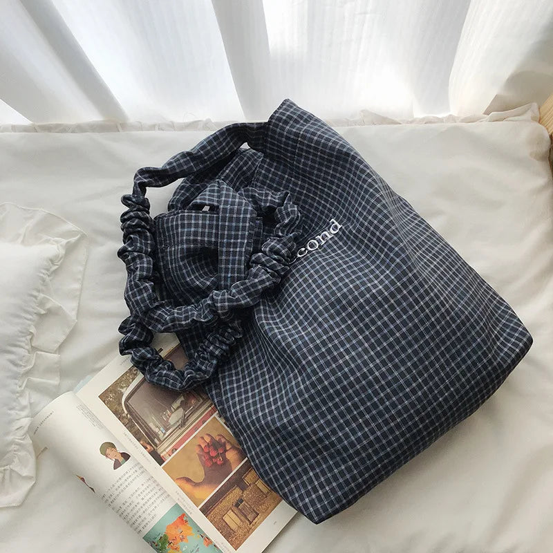 Korean Plaid Pleated Shoulder Bag – Women's Canvas Tote Shoulder Tote Bag Nixie BB-656-Black Extra Large