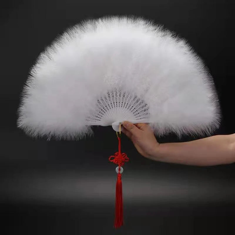Colorful Feather Folding Fan with Tassels – Wedding & Dance Feather Folding Fan Nixie A1