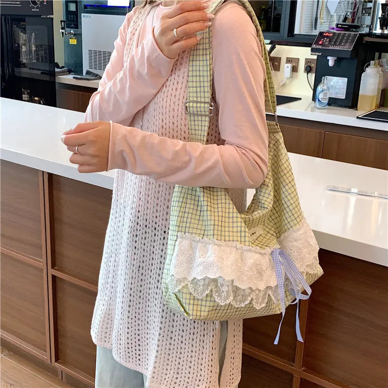 Lace-Trimmed Plaid Canvas Crossbody Bag – Women's Shoulder Bag Women's Crossbody Bag Nixie Green