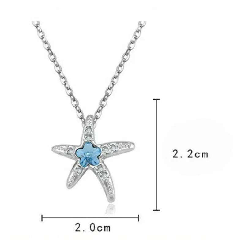 Silver Blue Crystal Starfish Pendant Charm Necklace for Women