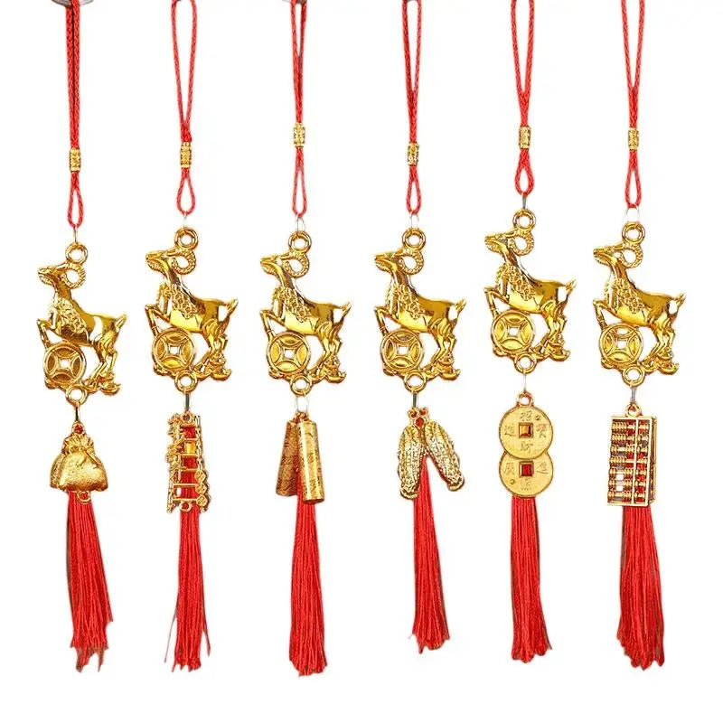 Golden Chinese Zodiac Goat Ornament with Red Tassel Lucky Charm Hanging Ornament Nixie