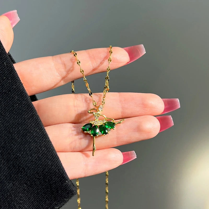 Zircon Ballet Girl Pendant Necklace | Gold Clavicle Chain