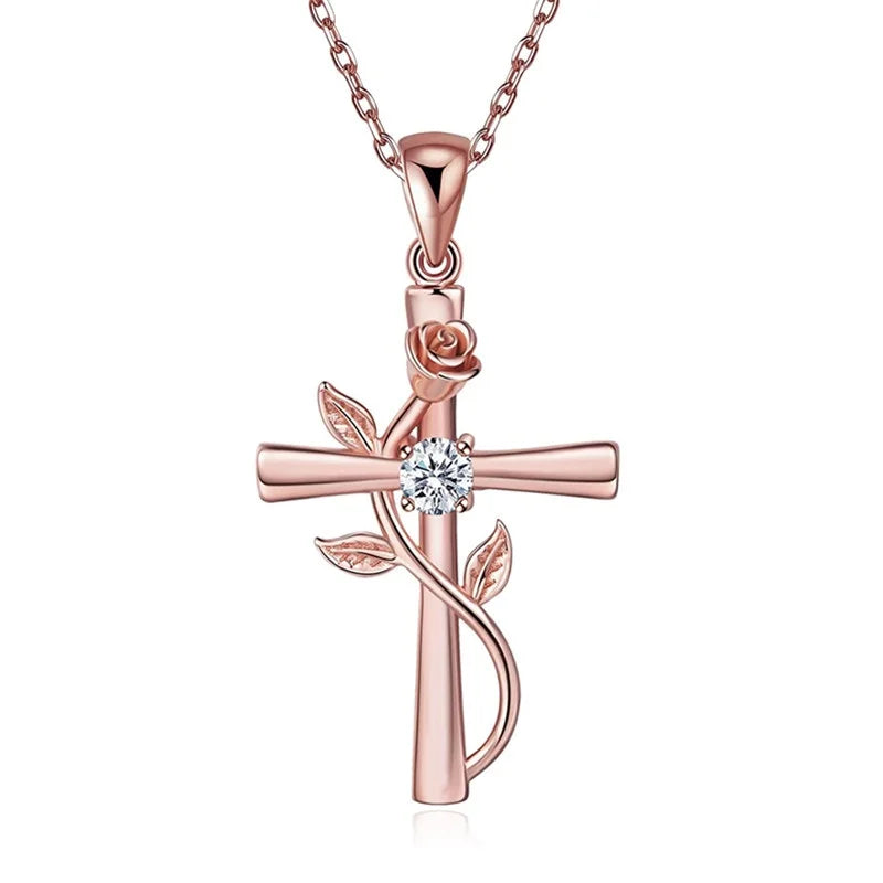 Rose Cross Glass Pendant Necklace – Romantic Flower Jewelry Pendant Necklace Nixie Rose gold