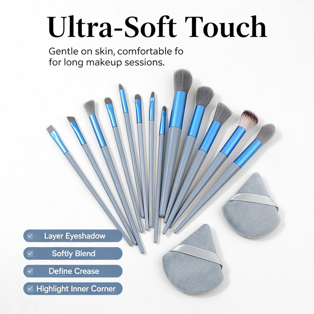 15Pc Makeup Brush Set + 2 Triangle Puffs | Pro Synthetic Kit Makeup Brush Set Nixie