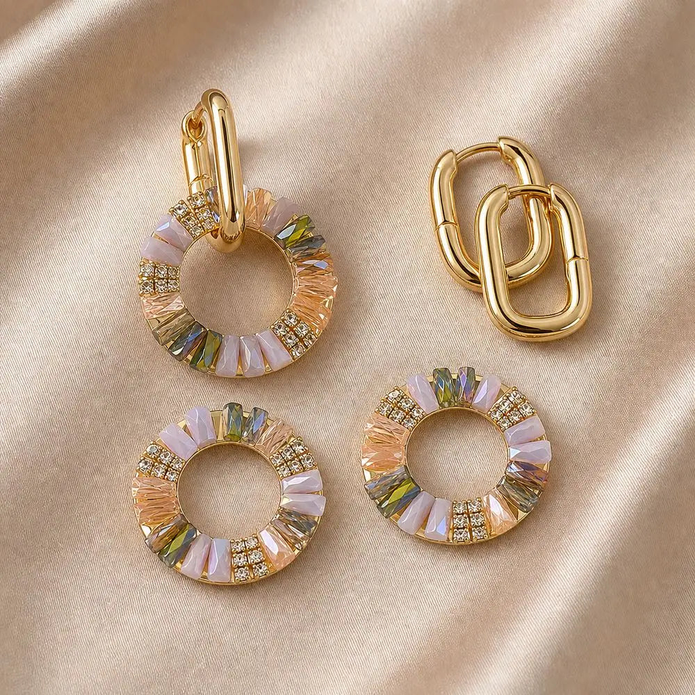 Rhinestone Circle Drop Earrings – Detachable Vintage Hoops
