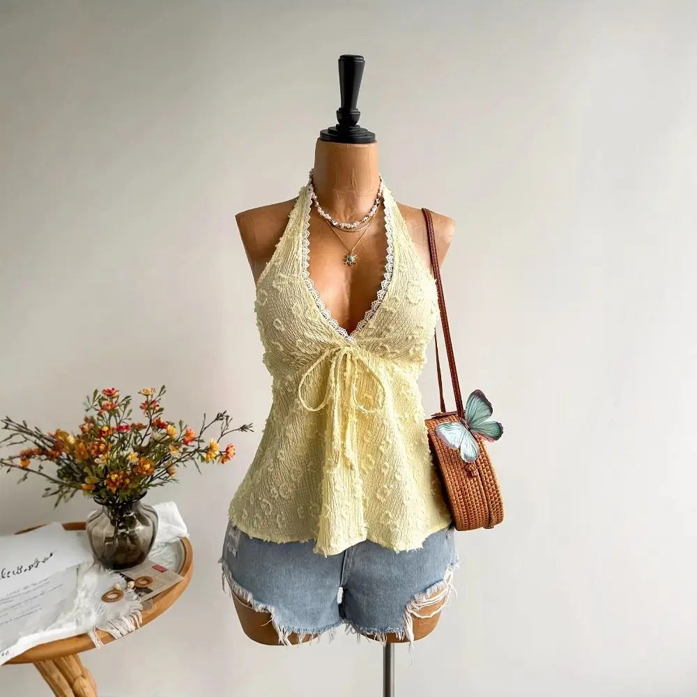 Women's Ruffled V-Neck Satin Camisole Top | Adjustable Tie Back