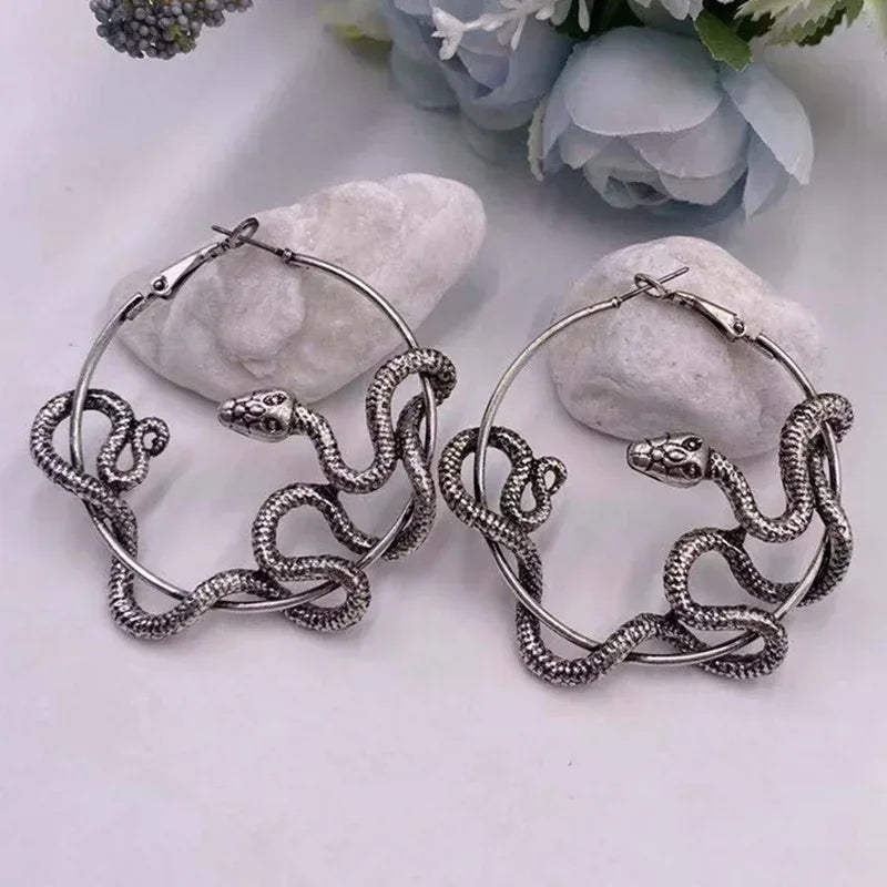 Punk Snake Hoop Earrings – Antique Black Unisex Statement Jewelry