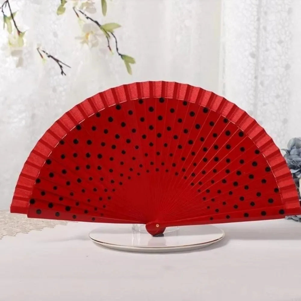 Wood Flamenco Folding Fan – Dots Pattern Dance & Party