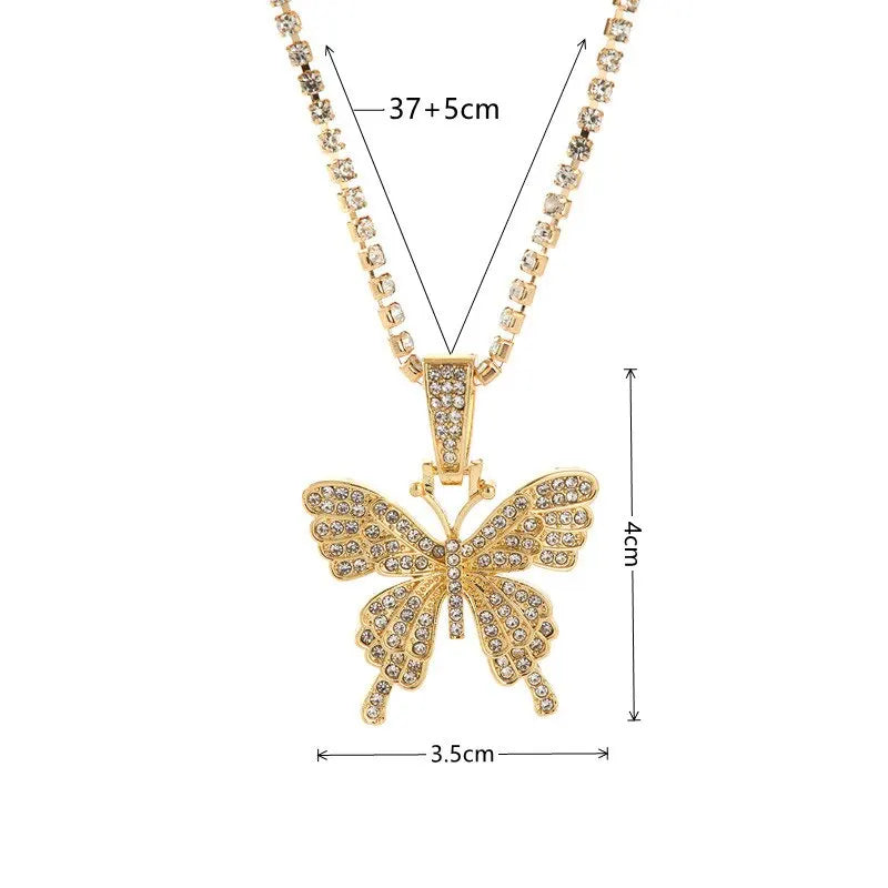 2PCS Butterfly Pendant Necklace – Gold & Silver Rhinestone Set