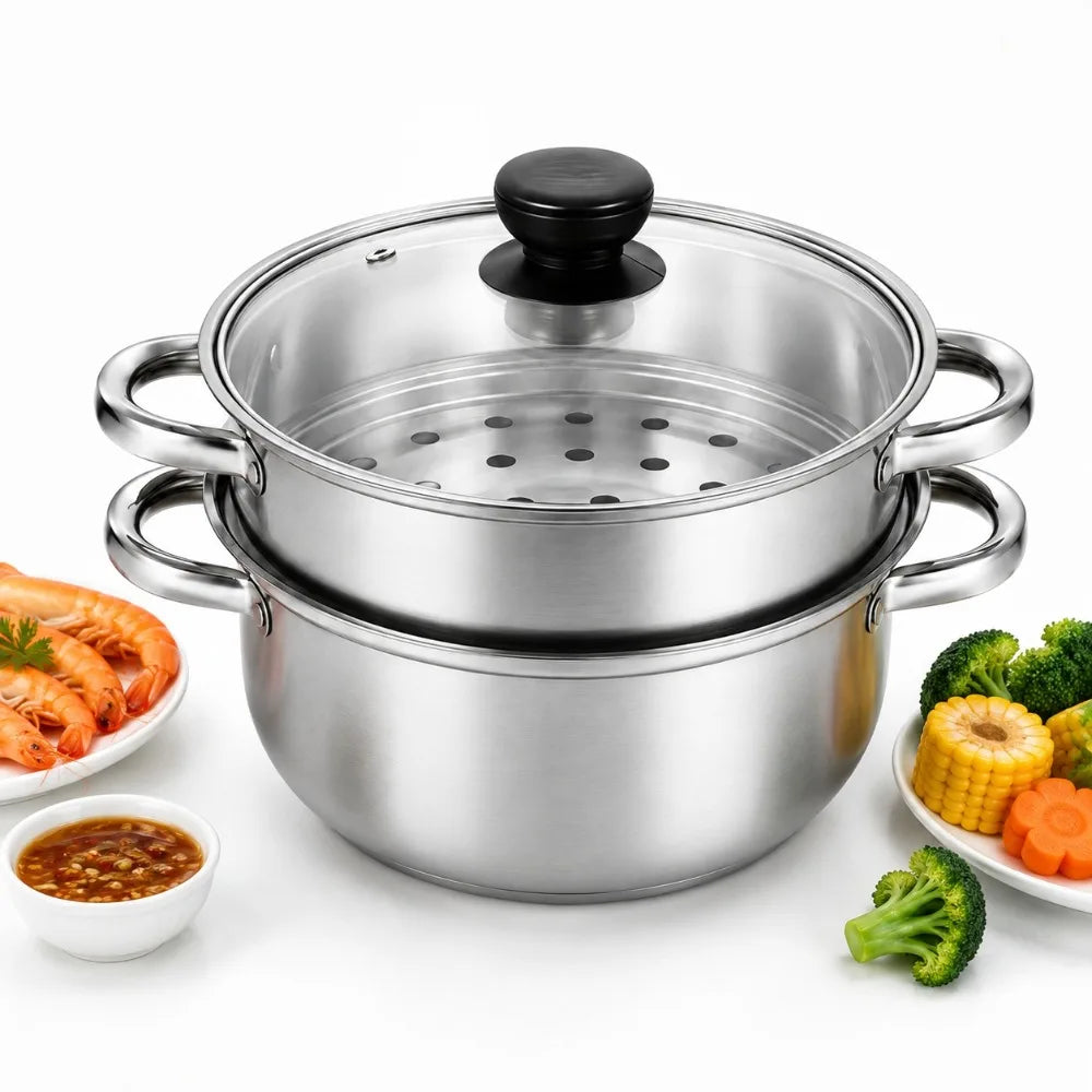 3-Piece Stainless Steel Steamer Pot Set with Glass Lid & Induction