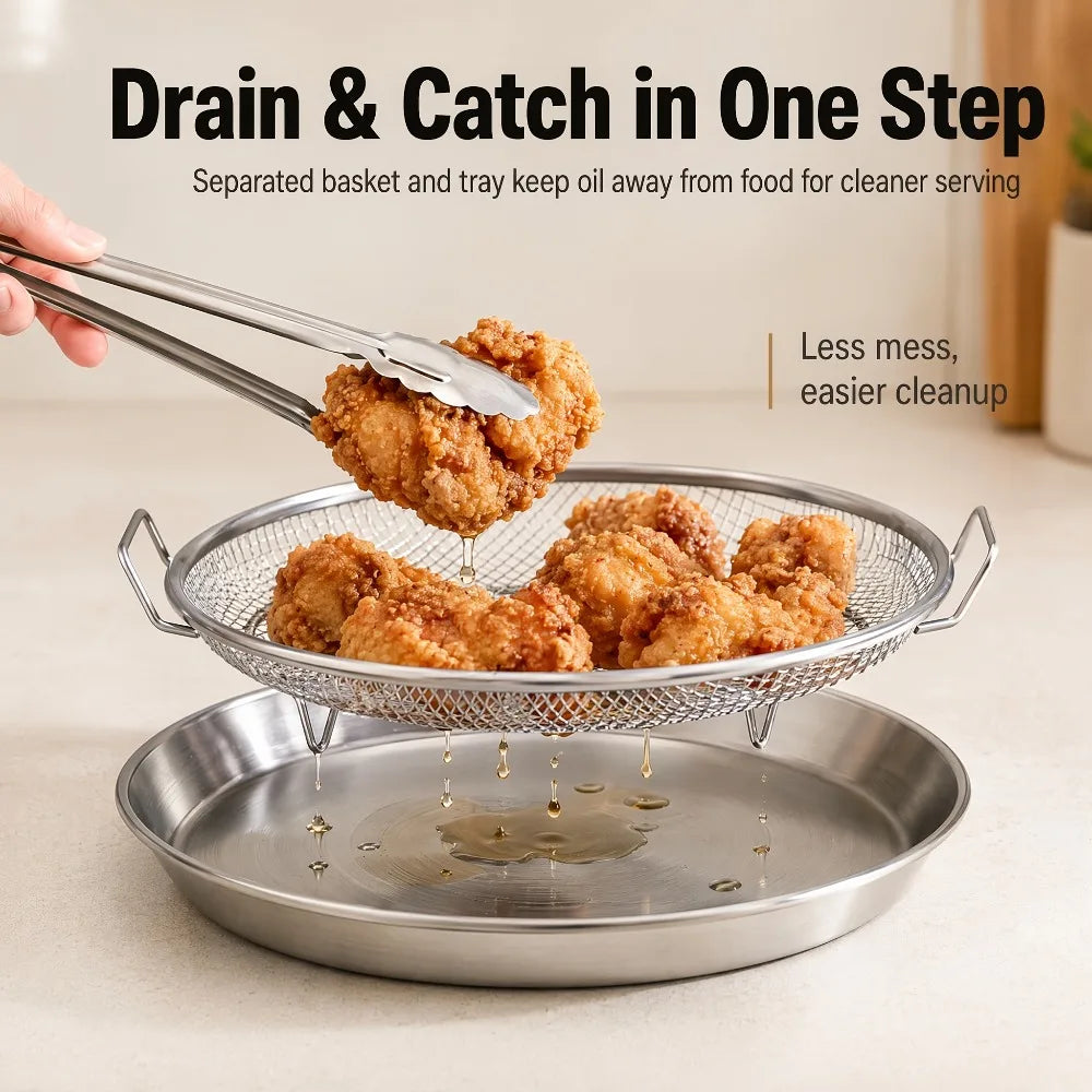 2-Pc Stainless Steel Frying Draining Basket & Tray Set Draining Basket Set Nixie