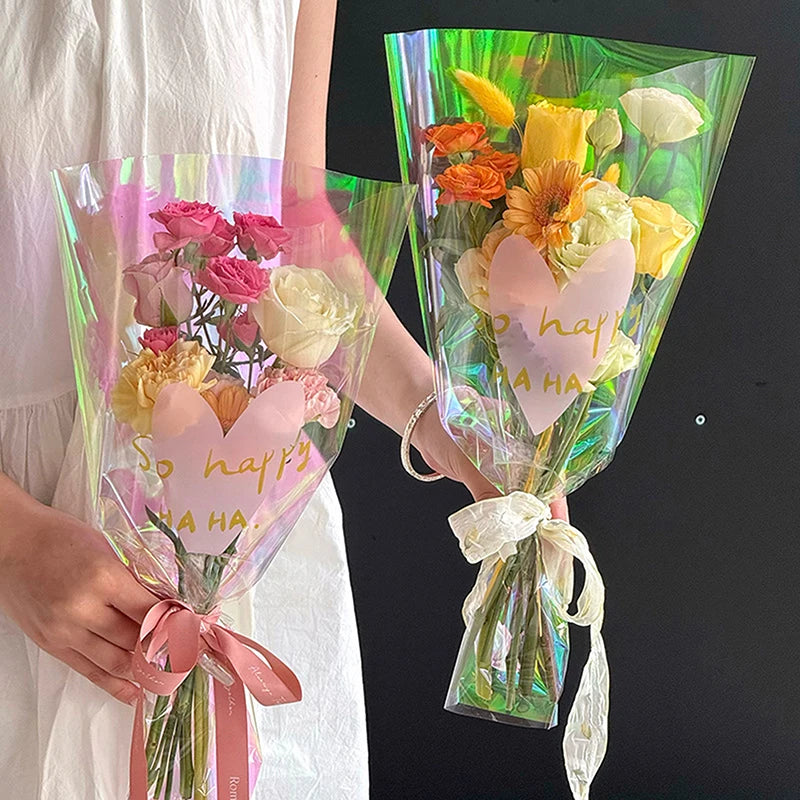 30PCS Iridescent Rose Sleeves Transparent Flower Wrapping Bags Floral Wrapping Bags Nixie