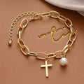 Gold Cross Chain Bracelet with Pearl Pendant – Unisex