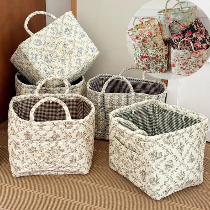 Large Quilted Floral Storage Basket with Handles – Foldable Quilted Storage Basket Nixie
