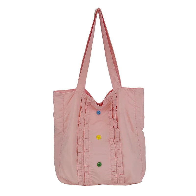 Women's Large Canvas Tote Bag – Lace Trim, Button Detail Canvas Shoulder Tote Nixie