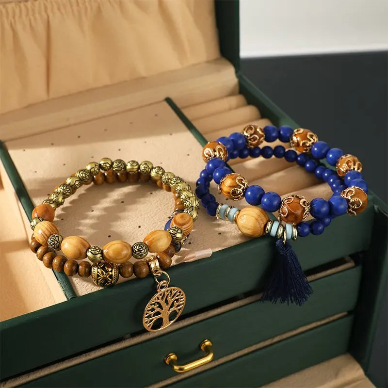 4pcs Vintage Boho Bracelet Set – Beads, Tassel & Leaf Pendant Bangle Bracelet Set Nixie