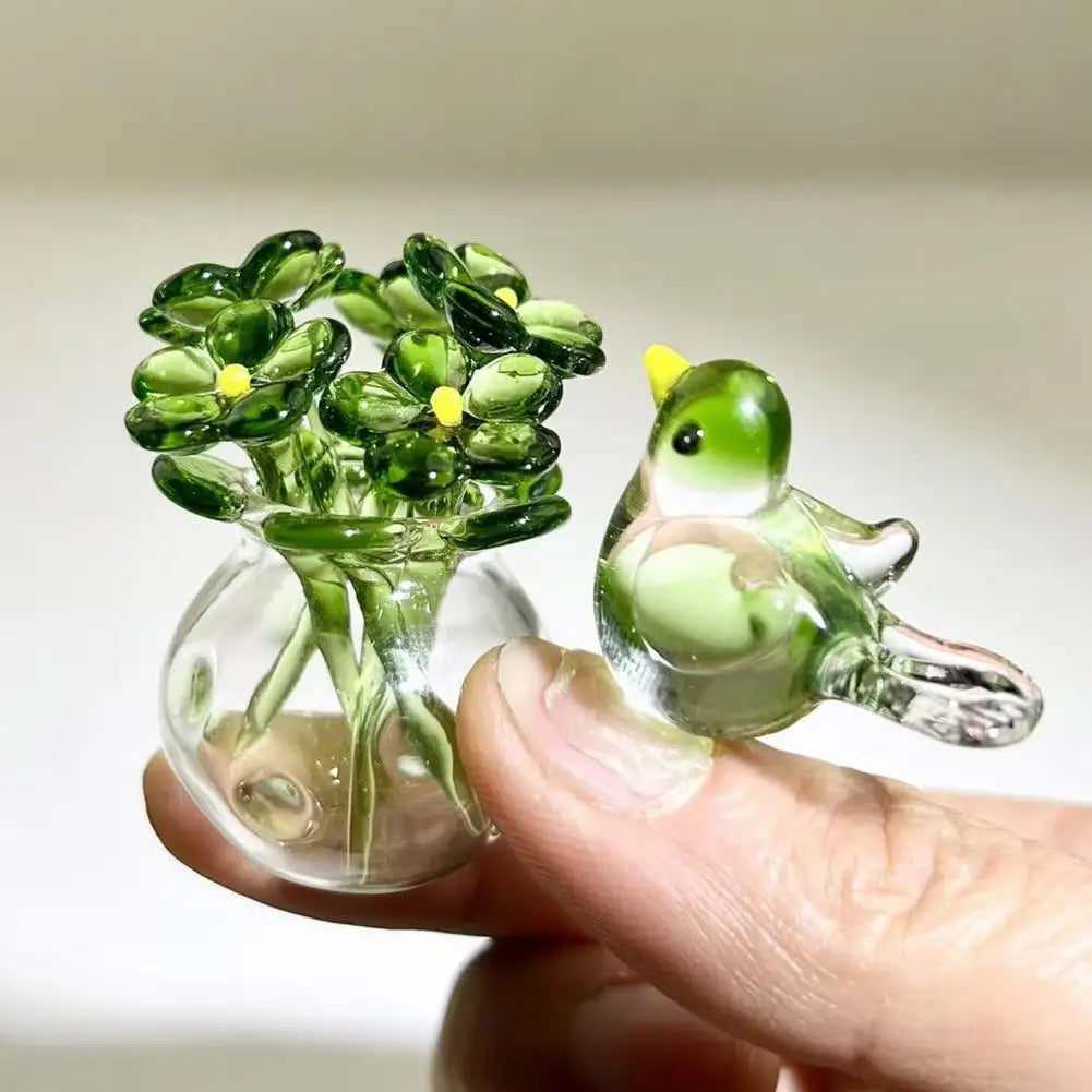 Mini Faux Crystal Flower Figurine Glass Bouquet Bee Bird Décor Glass Flower Figurine Nixie