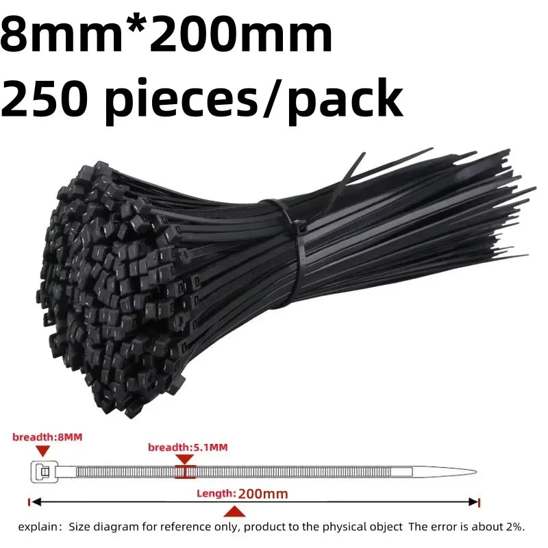 250pcs 8MM Heavy Duty Black Nylon Cable Zip Ties – Water Resistant Nylon Cable Ties Nixie 250PCS 20CM