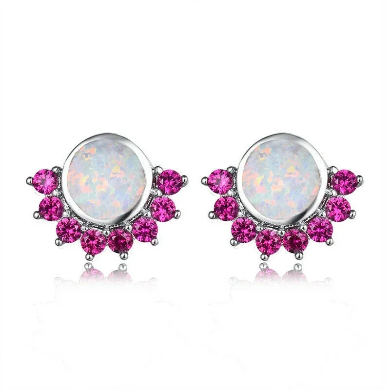 Round Simulated Opal Silver-Plated Stud Earrings – Vintage Style Stud Earrings Nixie