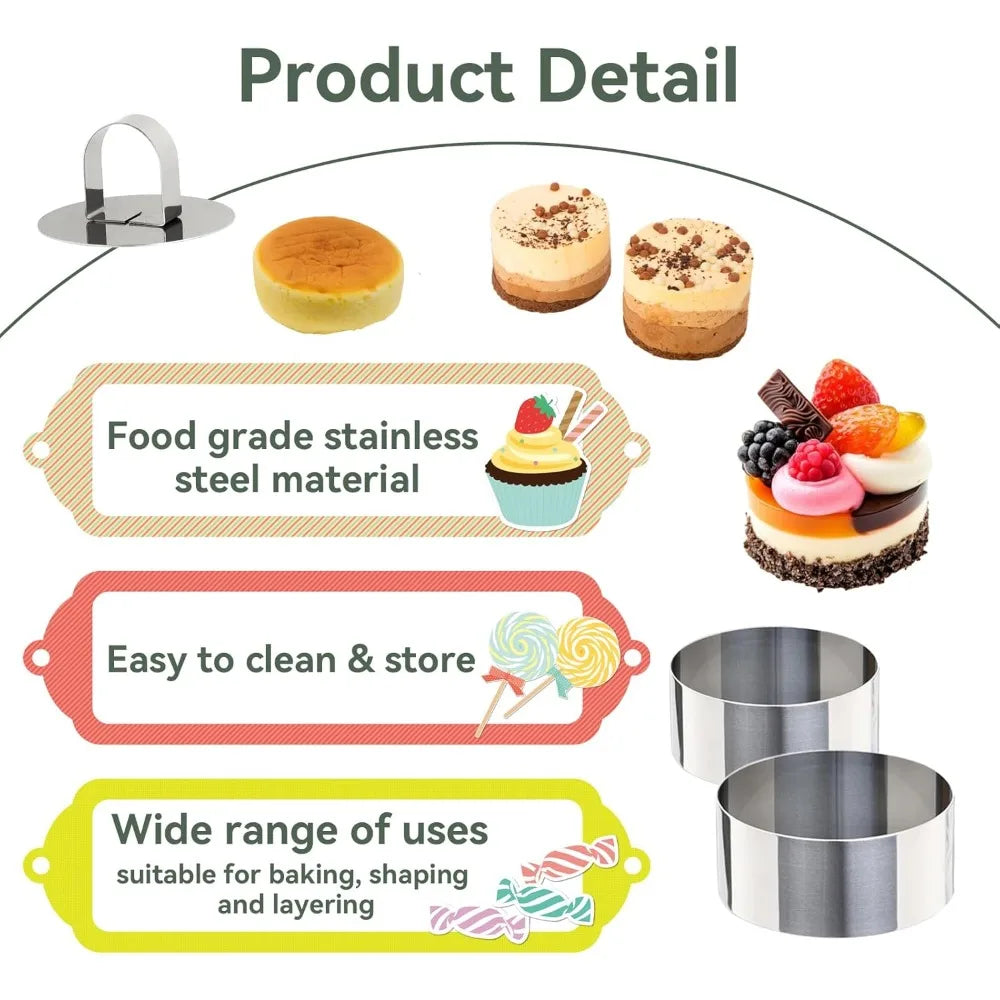 Stainless Steel Round Cake Mousse Ring Molds with Pusher 2-Pc Cake Ring Mold Nixie