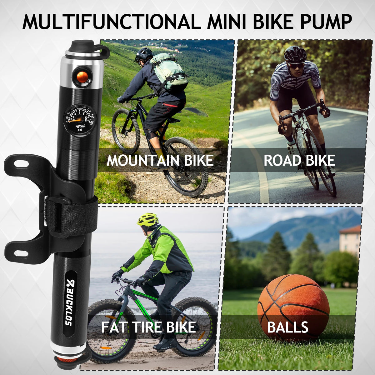 BUCKLOS Mini Bike Pump 160 PSI – Schrader & Presta Valve MTB Portable Bike Pump Nixie