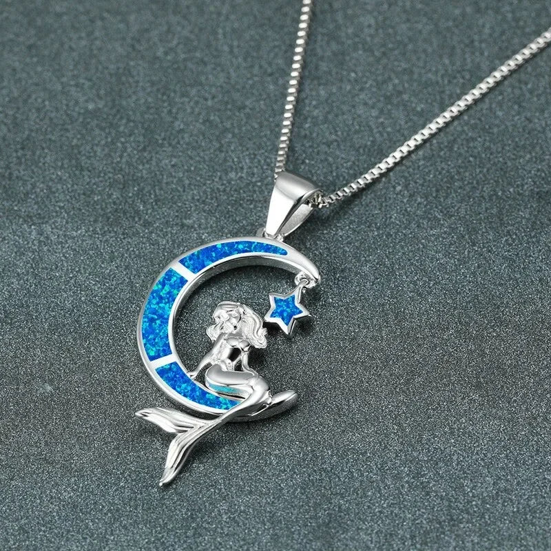 Mermaid Moon Pendant Necklace – Blue Simulated Opal & Zinc Alloy Pendant Necklace Nixie