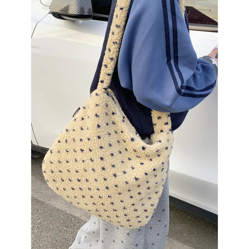 Korean Polka Dot Plush Crossbody Bag – Vintage Shoulder Bag Plush Crossbody Bag Nixie