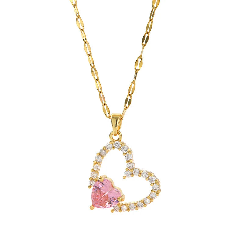 Pink Zircon Heart Necklace – Women's Minimalist Clavicle Chain Pendant Necklace Nixie