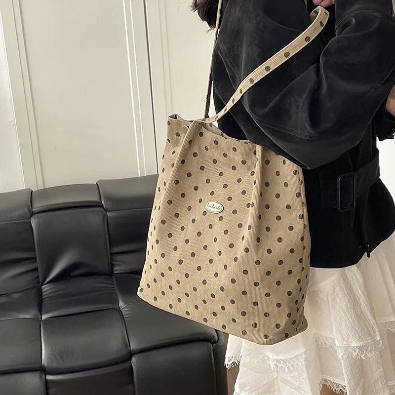 Korean Polka Dot Corduroy Tote Bag – Large Shoulder Bag Corduroy Tote Bag Nixie