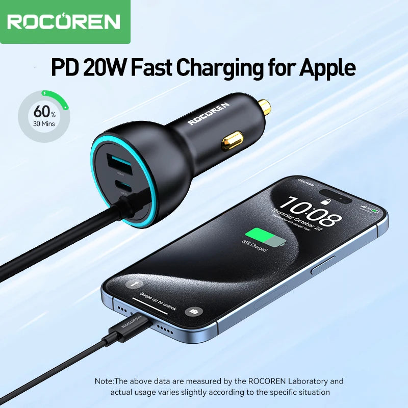 Rocoren 105W 6-Port Car Charger USB-C & USB-A Fast Charging Car Charger Nixie